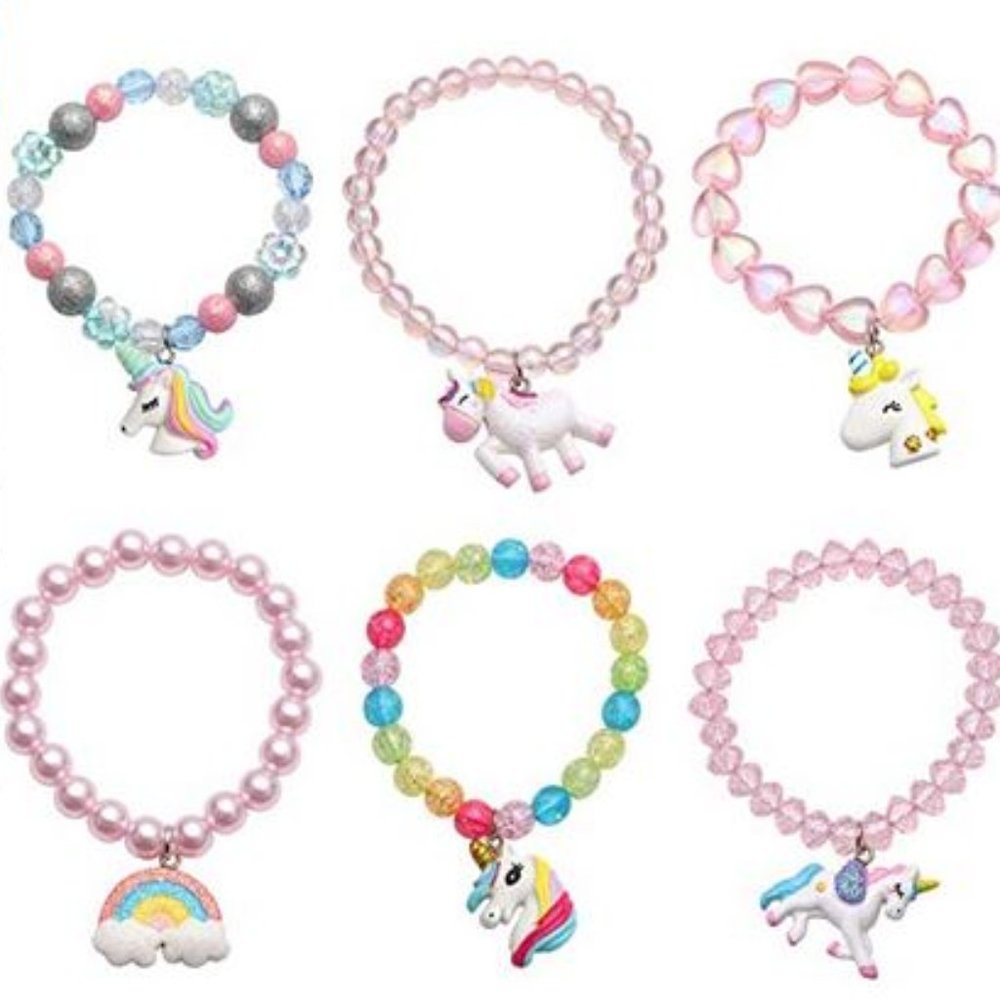 6 Unicorn Rainbow Beaded Little Girl Bracelets